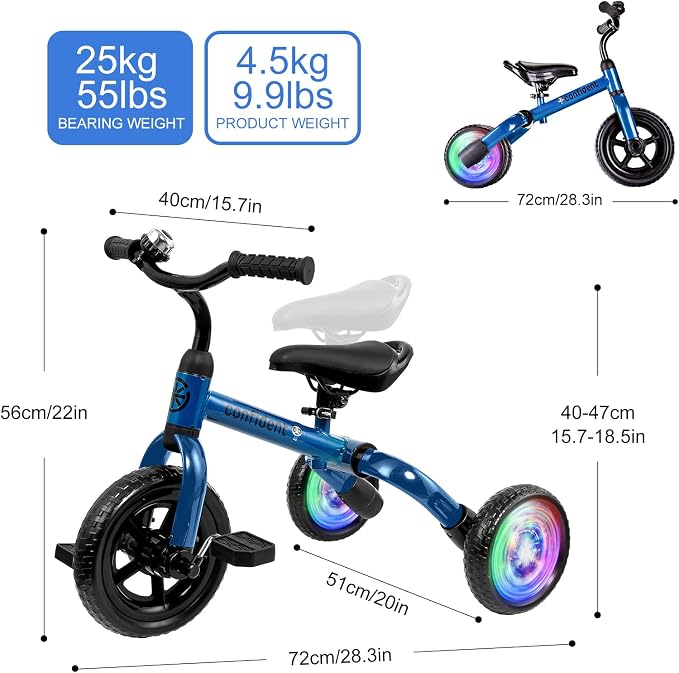YGJT 3 in 1 Lighting Tricycle for Toddlers Age 2-5 Years Old, Folding Kids Balance Bike with Adjustable Seat and Removable Pedal, Toddler Bike Ride-on Toys for Infant, Gifts for Baby Boys Girls(Blue)