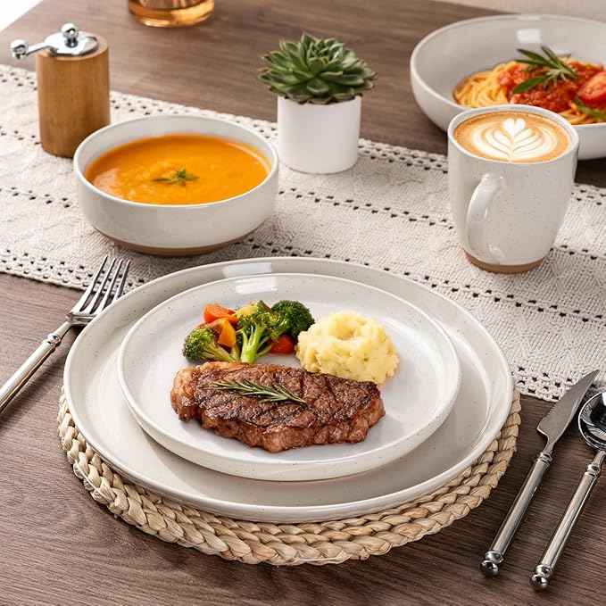 AmorArc Ceramic Dinnerware Sets for 6, 18 Pieces Handpainted Plates and Bowls Set with Rustic Terracotta Underside, Scratch Resistant Stoneware Dishes Set, Dishwasher & Microwave Safe,Light Beige