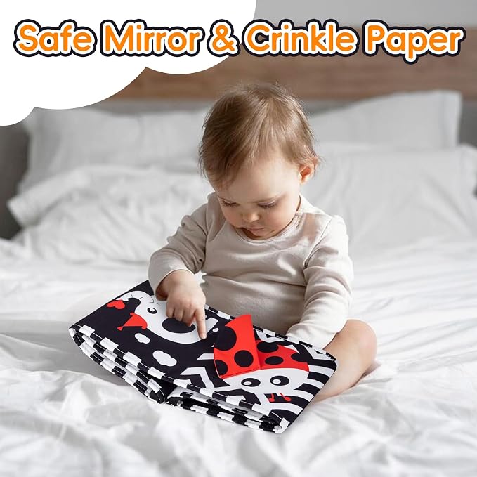 Cawgug Black and White High Contrast Baby Toys for Newborn Brain Development Tummy Time Soft Book Babies 0-3 6-12 Months Montessori Learning Activities Infant and Sensory Visual Stimulation Toys