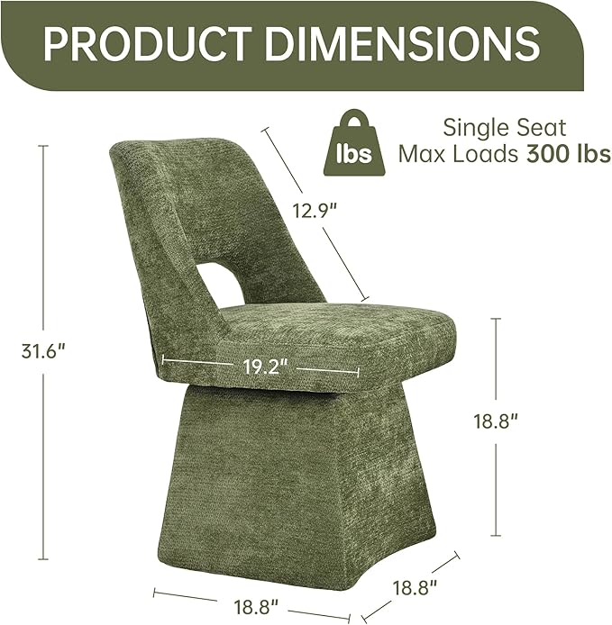 VKNOW Upholstered Swivel Dining Chairs Set of 2, Modern Dining Room Chairs with Open Back, Chenille Fabric Kitchen Chairs for Dining Room, Living Room, Bedroom, Vanity, Green