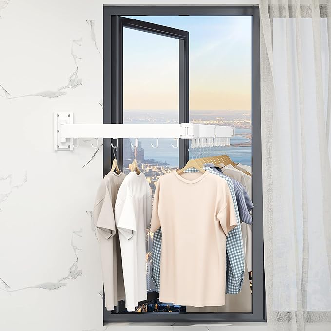 Clothes Drying Rack,Laundry Drying rack,Wall Mounted Clothes Rack,Clothes Hanging Rack,Laundry Rack Wall Mount,Folding Retractable Collapsible Drying Rack Clothing (Three-Poles,J Hooks,White)