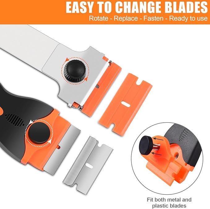 4 Pack Razor Blade Scraper, Premium Cleaning Scraper Tool with 50 PCS Metal & Plastic Razor Blades, Multi-Purpose Glass Scraper for Windows, Sticker, Decals, Cooktop, Paint Removal (Orange)