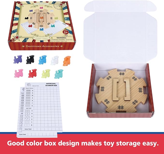 GOTHINK Mexican Train Dominoes Accessories Set - Large Size Pine Hub, 9 Colorful Metal Markers, 50-Sheet Score Pads*2