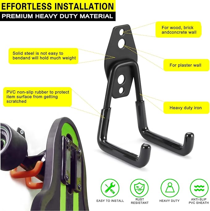 18 Pack Heavy Duty Garage Hooks, Utility Wall Mounted Storage System, with Anti-Slip Coating Hanger, for Hanging Power and Garden Tools, Ladders, Bikes, Ropes and Bulk Items