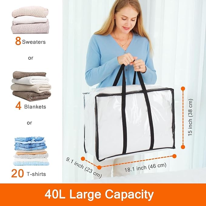 Vieshful 3 Pack Clear Clothes Storage Bag, 40L Plastic Blanket Storage Bag with Zipper, Foldable Closet Organizer, Moving bags for Comforter, Blanket, Bedding, Duvet, Toys