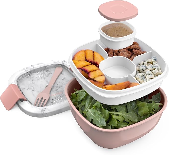 Bentgo Salad Container - 54 oz Bowl with 4-Compartment Toppings Tray, Dressing Container, Reusable Fork, BPA-Free Lunch Box for Meal Prep & Food Storage; Removable Bento Tray (Blush Marble)
