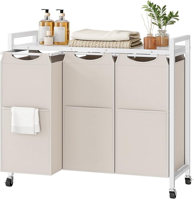HOOBRO Laundry Sorter 3 Section, Laundry Hamper with Wheels, 3 × 11.5 Gal (43.4L), Rolling Laundry Basket, Pull-Out and Removable Oxford Fabric Bags, White WG76XY01