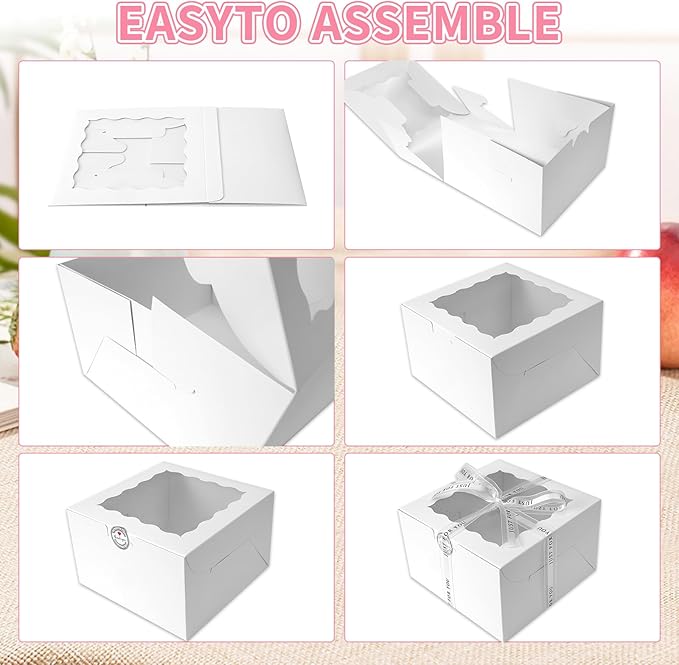 28 Pack cake boxes 9x9x5Inch Cake Boxes Bakery Boxes with Window for postres, Cookies, Donuts, Chocolate Covered Strawberries. (White, 995inch/28pcs)