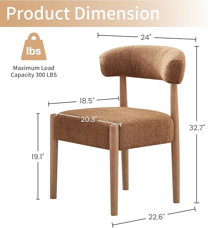 VKNOW Wooden Dining Chairs Set of 6, Modern Upholstered Dining Room Chairs with Rubberwood Legs and Curved Backrest, Fabric Kitchen Chairs for Farmhouse/Living Room/Dining Room, Orange