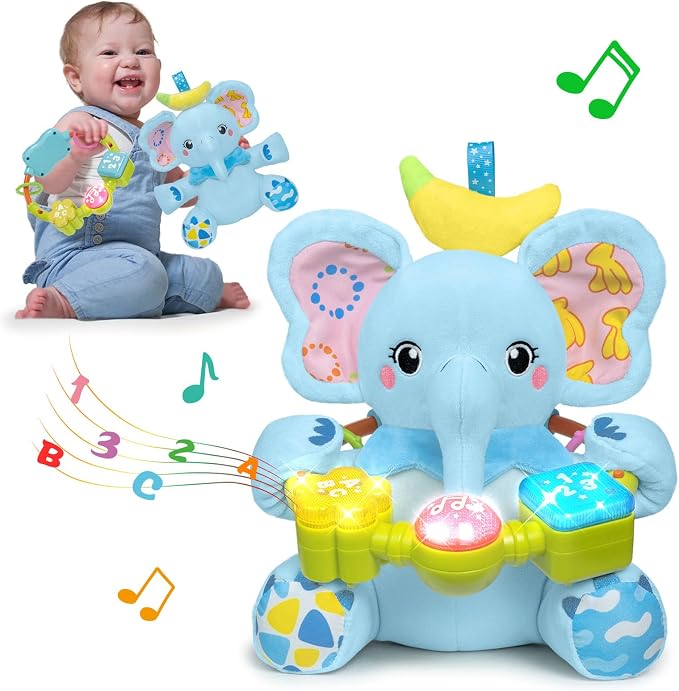 Baby Elephant Musical Stuffed Animals Toy with Light-Up Music & Crinkle,Infant Bilingual Early Learning Education Toys,1st Easter Basket Shower Stuffers for 0-3-6-12+ Months Boy Girl Gifts,Blue