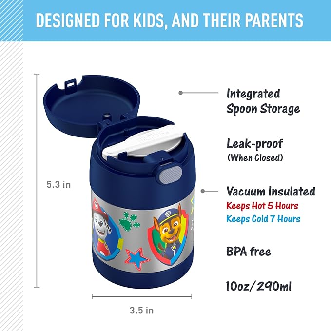 THERMOS FUNTAINER Insulated Food Jar, 10 Ounce, Kid Friendly Food Jar with Foldable Spoon, Paw Patrol