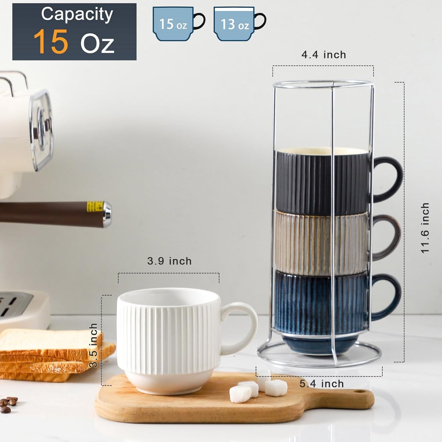 Hasense Coffee Mug Set of 4 with Holder - 15 oz Stackable Large Ceramic Ribbed Latte Cup Set for Cappuccino, Tea, Hot Cocoa, Drinks - Dishwasher & Microwave Safe Multi color