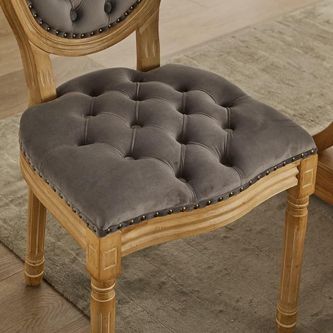 French Country Dining Chairs Set of 4,Farmhouse Upholstered Dining Room Chairs with Tufted Round Back&Solid Leg,Velvet Kitchen Side Chairs for Kitchen/Bedroom/Dining Room,Gray