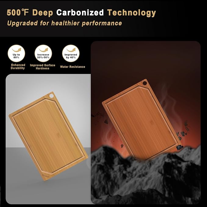 Hiware 4 Pieces Extra Large Wooden Cutting Boards Set- Bamboo Cutting Boards for Kitchen Meal Prep & Serving, Cutting Board with Deep Juice Groove & Built-in Handles, Charcuterie & Chopping Board