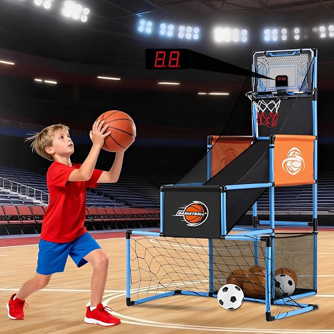 2 in 1 Basketball Arcade Game & Soccer Goal for Kids, Adjustable Kid Basketball Hoop with 6 Balls and Pump, Indoor Outdoor Games for Kid Toys for 3-12 Year Old Kids Birthday Gifts for Boys Girls