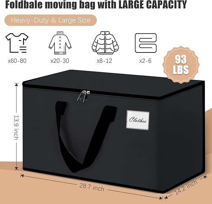 Heavy Duty Moving Bags - Extra Large Packing Bags and Storage Totes, Collapsible and Foldable Option for Moving and Storage, Black, 93 L - 6 Pack