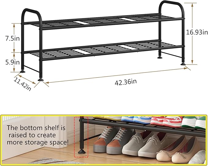 LINZINAR Shoe Rack 2 Tier Storage Organizer for Closet Entryway Metal Black