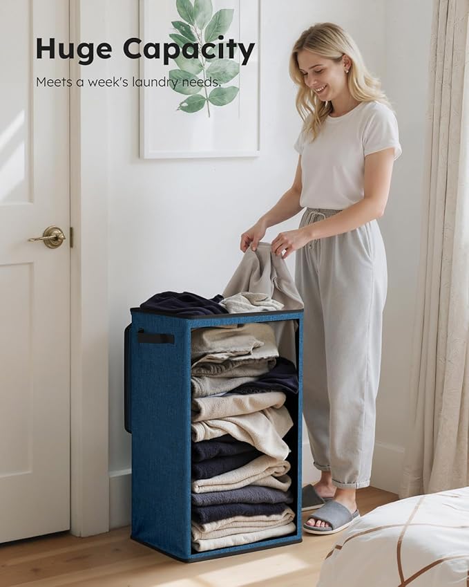 SOLEDI Laundry Hamper with Lid 90L Large & Tall Collapsible Laundry Basket, Clothes Hamper with Bag Removable Easy to Carry, Dirty Hampers for Bedroom, Bathroom, Dorm, College, Blue