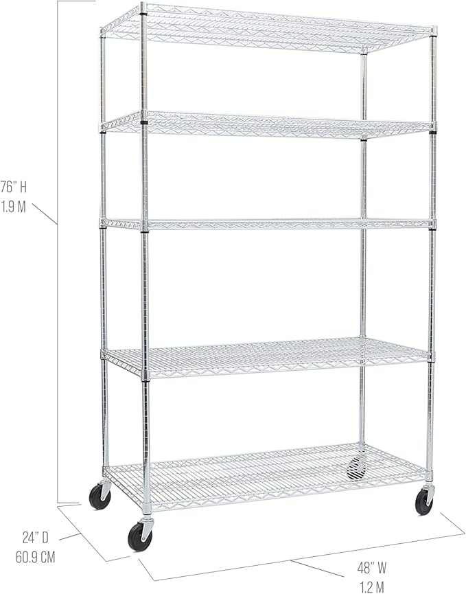 Seville Classics UltraDurable Heavy Duty NSF Solid Steel Wire Rack Storage Unit Organizer for Garage, Warehouse, Office, Restaurant, Classroom, Kitchen, 5-Tier Shelving, 48" W x 24" D