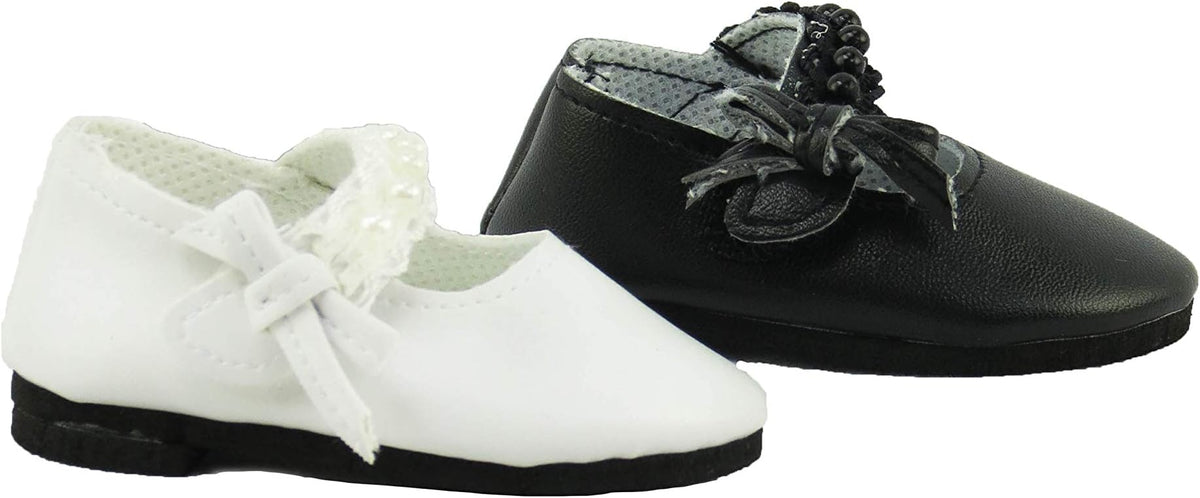 American Fashion World Black and White Pearl Flats for 18 inch Dolls | 2 Pack | Premium Quality & Trendy Design | Dolls Shoes | Shoe Fashion for Dolls for Popular Brands