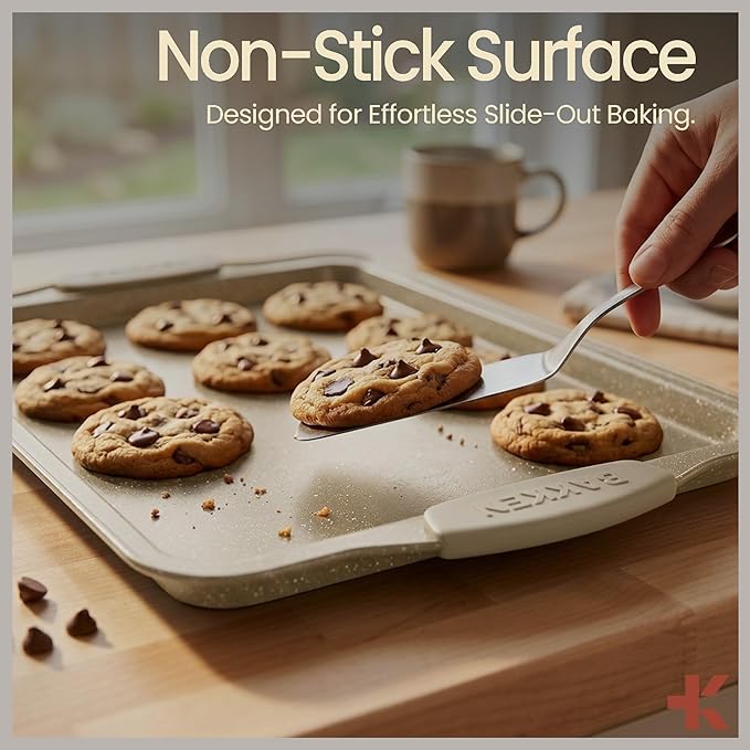 BAKKEN Kitchen Baking Pans - Medium (15.15 × 10.03") and Large (17.1 x 11.8") Nonstick Sheets, Carbon Steel Cookie Sheets with White Silicone Handle, PFOA, PFOS, PTFE Free, Oven Safe (450°F), Set of 2