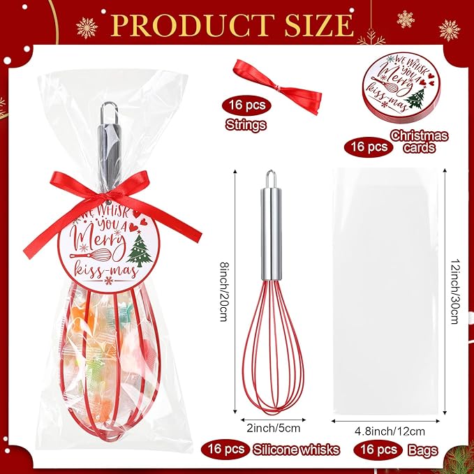 16 Sets 8 Inch Christmas Whisks Gifts DIY Fillable Christmas Tree Ornaments Xmas Colored Silicone Whisks for Cooking Heat Resistant Egg Beaters with Card Rope Bag for Candy Holder