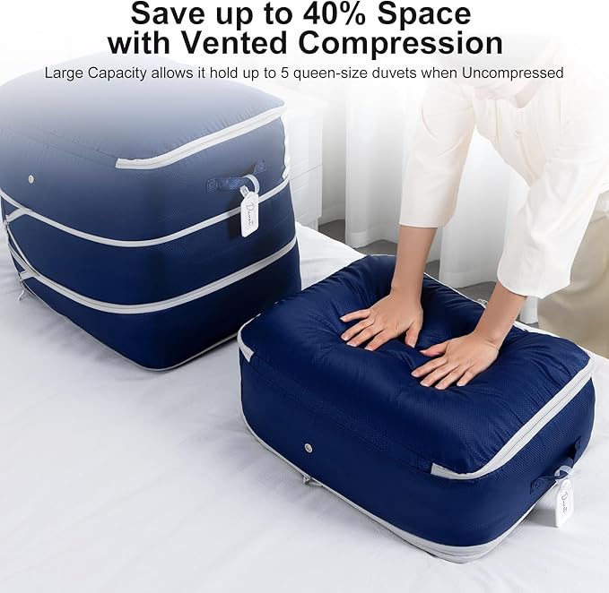 Comforter Storage Bag - Large Capacity Blanket Storage Bags 3-Layer Ultra Space Saving Self Compression Organizer, Washable Compression Bags for Storage Comforter Blanket, 4-Pack, Navy Blue