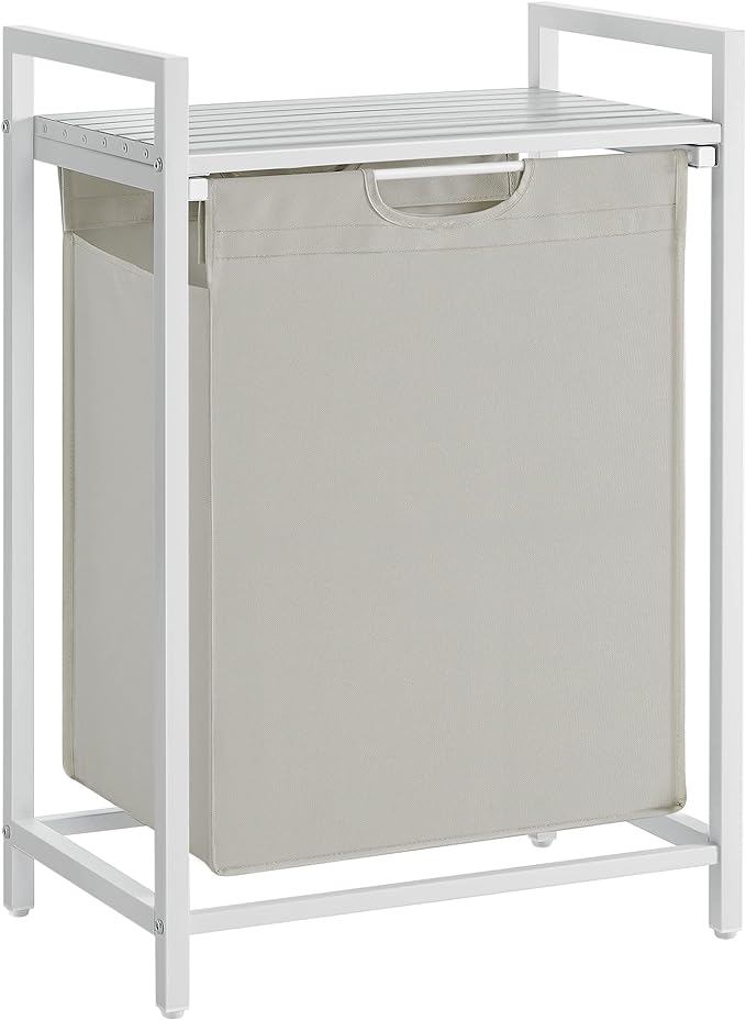 VASAGLE Laundry Hamper, Laundry Basket, Laundry Sorter with A Pull-Out and Removable Bag, Shelf, Metal Frame, 17.2 Gallons (65 L), 19.7 x 13 x 28.4 Inches, Cream White and Cloud White UBLH101W01