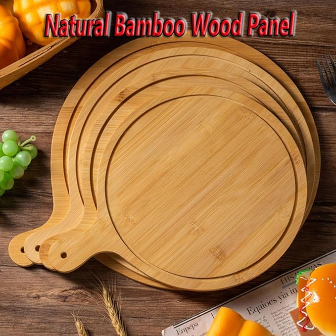 6 Pack Pizza Board Set – Premium Wooden Pizza Plates for Serving & Cutting, Round Bamboo Pizza Plate with Handle, Durable & Lightweight for Home & Restaurant (Up to 13 Inches),7inch