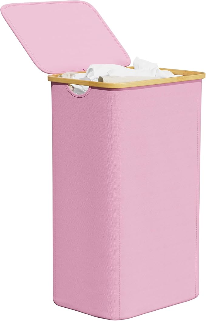 SpaceAid Laundry Hamper with Lid, 110L Large Tall Clothes Basket Bin with Bamboo Handles, Collapsible Laundry Hamper for Bedroom, Bathroom, Dorm, Laundry Room - Pink