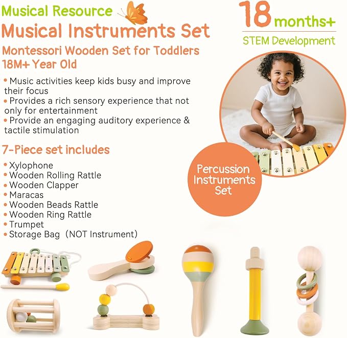Pajojoqa 7pcs Musical Instruments Set 18M+ Montessori Toys 2 3 4 Neutral Colors Wooden Toys for Toddlers 3-5 Percussion Instruments Modern Boho Xylophone Sensory Gifts Boys Girls