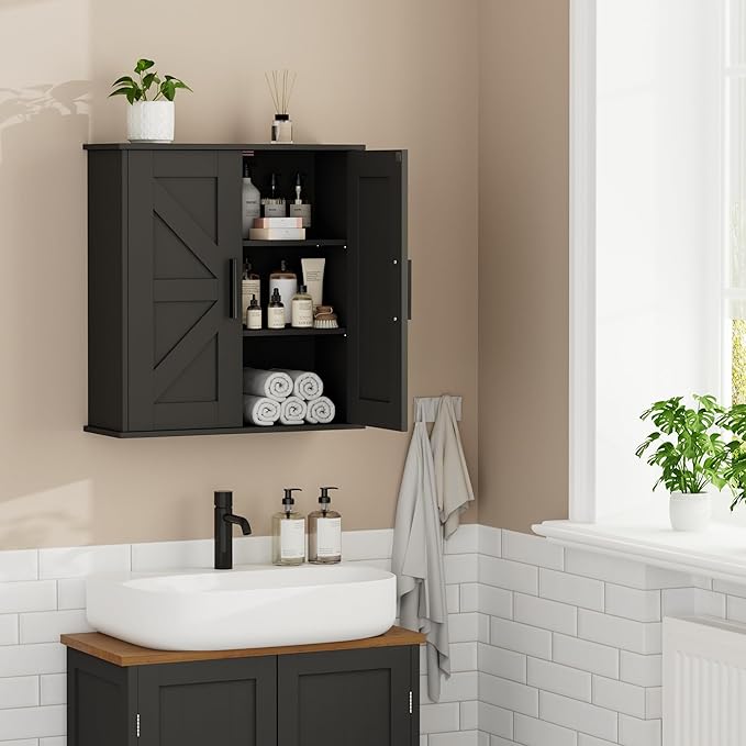 Bathroom Wall Cabinet, Over Toilet Storage Cabinet with Barn Doors and Adjustable Shelves, 3-Tier Medicine Cabinet Wall Mounted, for Bathroom, Kitchen, Entryway, Laundry Room, Black, (7.9" D)