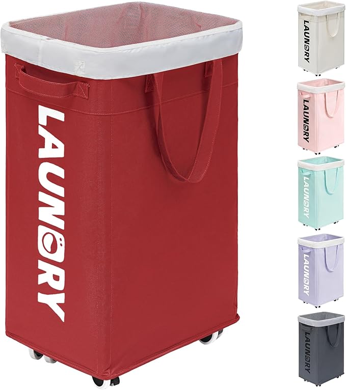 Goodpick Laundry Basket with Wheels,75L Large Roolling Laundry Basket with Removable Wash Bag, Clothes Hamper with Wheels for Laundry Room, Red