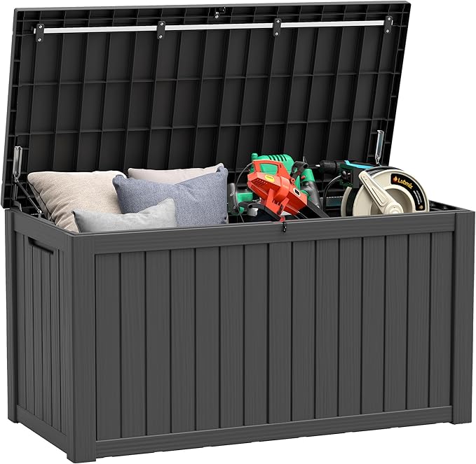KAMABOKO Outdoor Storage Box, 150 Gallon Large Outdoor Resin Deck Box, Storage Waterproof Boxes Lockable Lid for Garden Tools, Pool Supplies, Patio Furniture and Cushions, Black