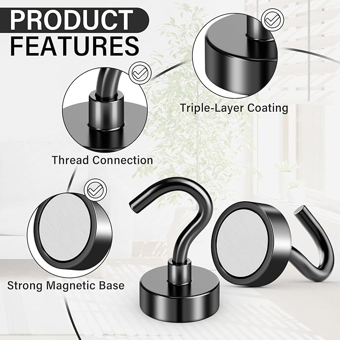 Magnetic Hooks, 25lbs Magnet Hooks for Hanging, Heavy Duty Earth Magnets with Hook for Refrigerator, Magnetic Hanger for Cabins, Grill, Office, Home, Kitchen Accessories (Black, 60 Pack)