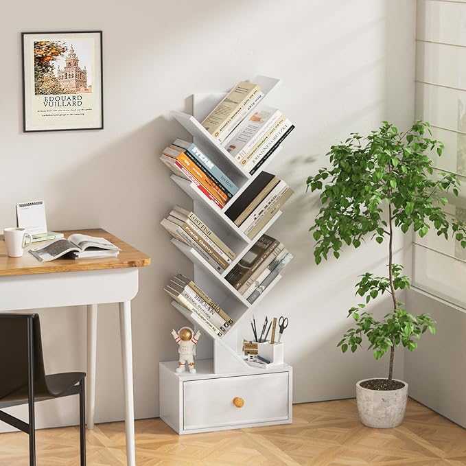 8 Tier Tree Bookshelf with Drawer, Free Standing Wood Bookcase for Living Room, Bedroom, Home Office, Space Saving Storage Organizer Bookshelves for Books, CDs, Vinyl Records- White