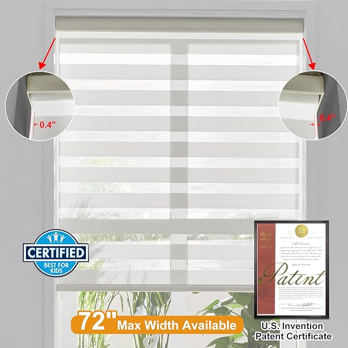 Persilux Cordless Zebra Blinds for Windows Free-Stop Window Shades (35" W X 47" H, Cream) Dual Layer Light Control for Day and Night, Light Filtering Sheer Shades for Home, Easy to Install