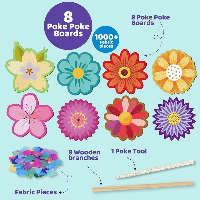 ATFUNSHOP 8 Packs Poke in Crafts Art Kits Flower Bouquets, Mess Free Kids' Paper Craft Kits Activity, 4 5 6 7 8 9 Years Old Girls Birthday Gifts