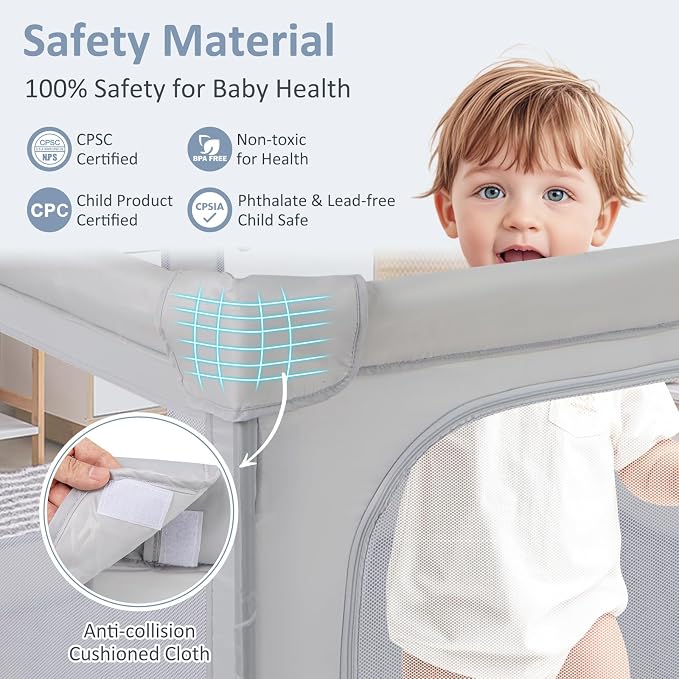 INFANS Foldable Baby Playpen with Mat, 59” x 59” Large Baby Play Yard for Infant with 50 Ocean Balls, 4 Handlers, Carry Bag, Indoor Outdoor Fence Toddler Activity Center (Gray, 59” x 59”)