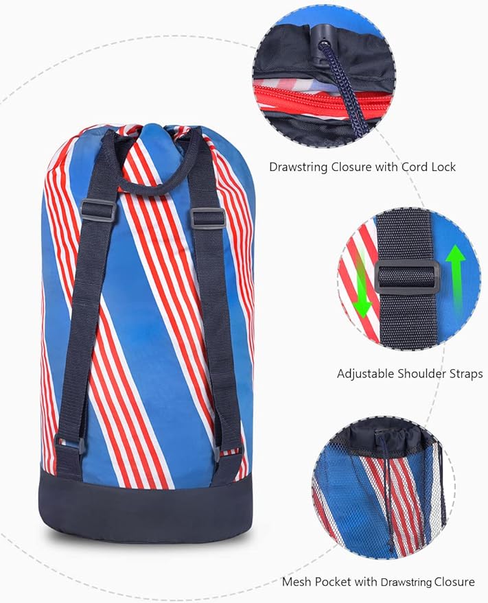 Dalykate Backpack Laundry Bag with Shoulder Straps and Mesh Pocket Durable Nylon Clothes Hamper Bag with Drawstring Closure for College, Travel, Laundromat, Apartment