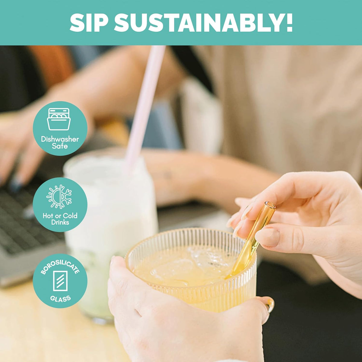 Simply Straws 6 Inch Glass Straws Straight (6-Pack) – Reusable Glass Straws for Low Balls & Stemless Glasses, with Cleaning Brush – Dishwasher Safe, Hot & Cold Use, BPA-Free (Cote d'Azur)