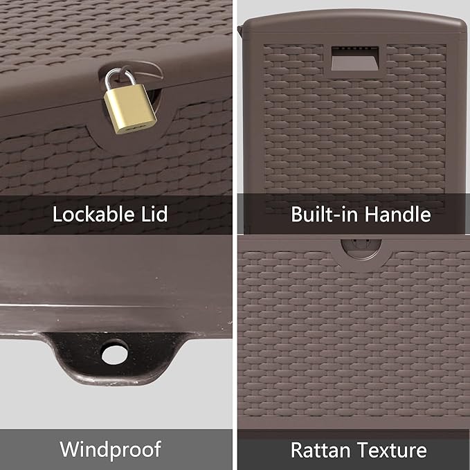 Outdoor Storage Deck Box Waterproof,90 Gallon Lockable Patio Package Delivery Bin as Seat, Resin Storage Container Bench for Furniture Cushions, Pool Accessories, Garden Tools, Brown