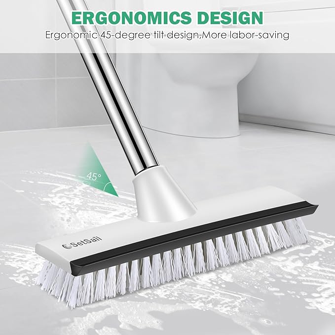 SetSail Upgraded Large 12 in Wide Floor Scrub Brush with 51-Inch Long Adjustable Handle 2 in 1 Scrape Brush Stiff Bristle Floor Scrubber for Cleaning Shower Bathroom Garage Kitchen Wall Deck Tub Tile