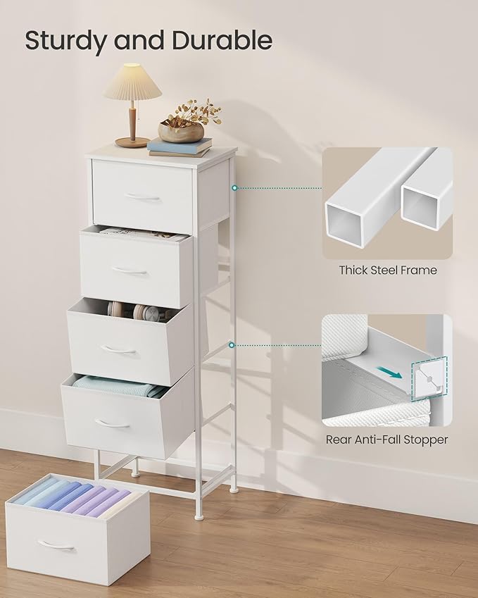 SONGMICS Dresser for Bedroom, Chest of Drawers, Steel, MDF, 5 Non-Woven Fabric Drawers, Storage Organizer Unit, Closet, Entryway, Cloud White and Snow White ULGS315W01S