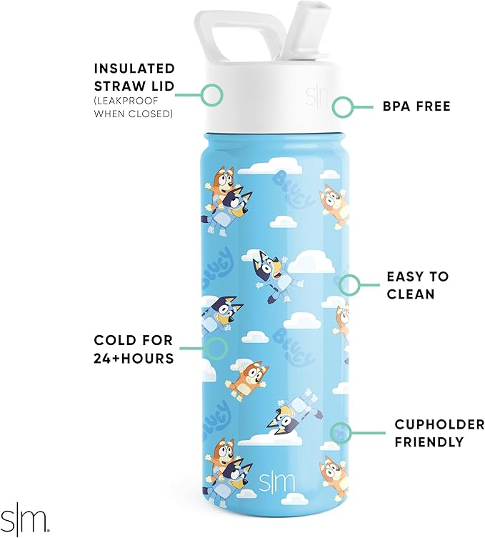 Simple Modern Kids Summit Water Bottle with Straw Lid |Bluey 18oz Stainless Steel Cup Insulated Tumbler for Girls, Boys, School | Bluey Sky