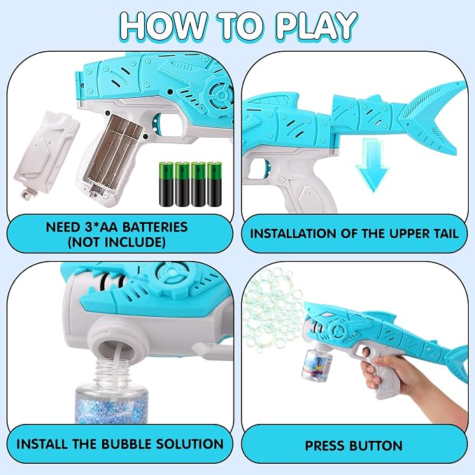 Automatic Bubble Machine Gun for Kids with 2 Bottles 5 Bags of Refill Solution Lights ElectricShark Bubble Gun Toys Outdoor Toys Gifts Wedding Easter Party Favor
