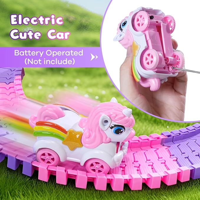 Unicorn Race Tracks for Kids Ages 3-8, 224 PCS Princess Car Toys with Magic Bendable, 2 Monster Truck, Flexible DIY Track Set, Christmas Birthday Gifts for 3 4 5 6 Year Olds Kids Toddler Girls