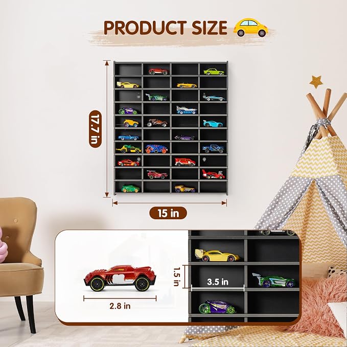 Krafetto 2 Pack Toy Car Display Shelf, Holds 80 Diecast 1/64 Toy Cars, Wall Mount Model Car Storage Organize Case, Black