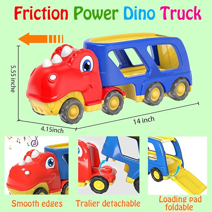 Veslier Toddler Car Toy for 2 3 4 5 Years Old, Dinosaur Transport Carrier Truck with 4 Pack Small Pull Back Dino Car, Friction Power Vehicle Christmas Birthday Gift for 18M+ Kids Boys Girls