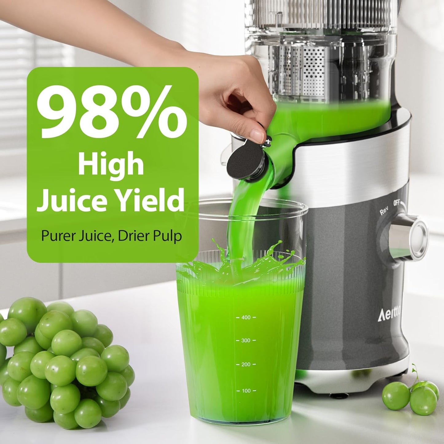 Aeitto Cold Press Juicer, Juicer Machines with 4.9" Large Feed Chute, Fits Whole Vegetables and Fruits, Professional Juice Maker, Easy to Clean, High Juice Yield, Easy to Assemble,Grey